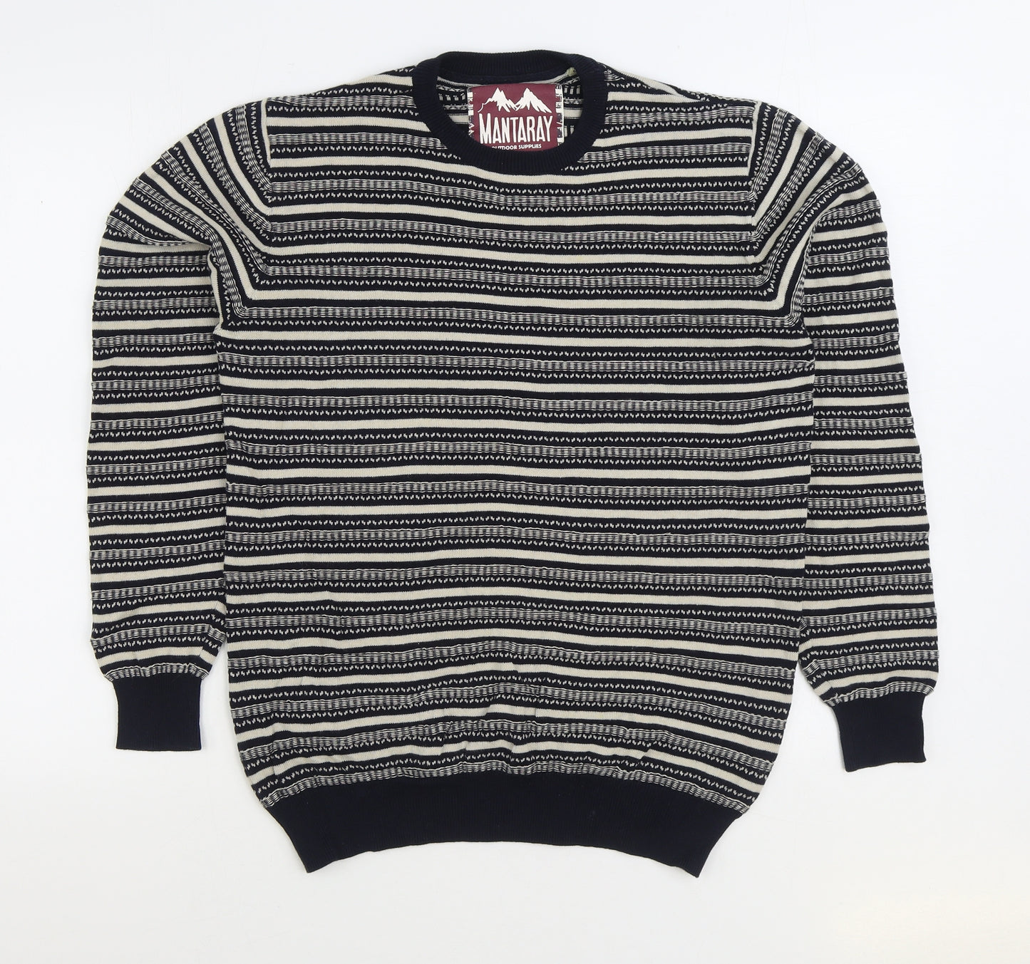 Mantaray Mens Blue Round Neck Striped Cotton Pullover Jumper Size S