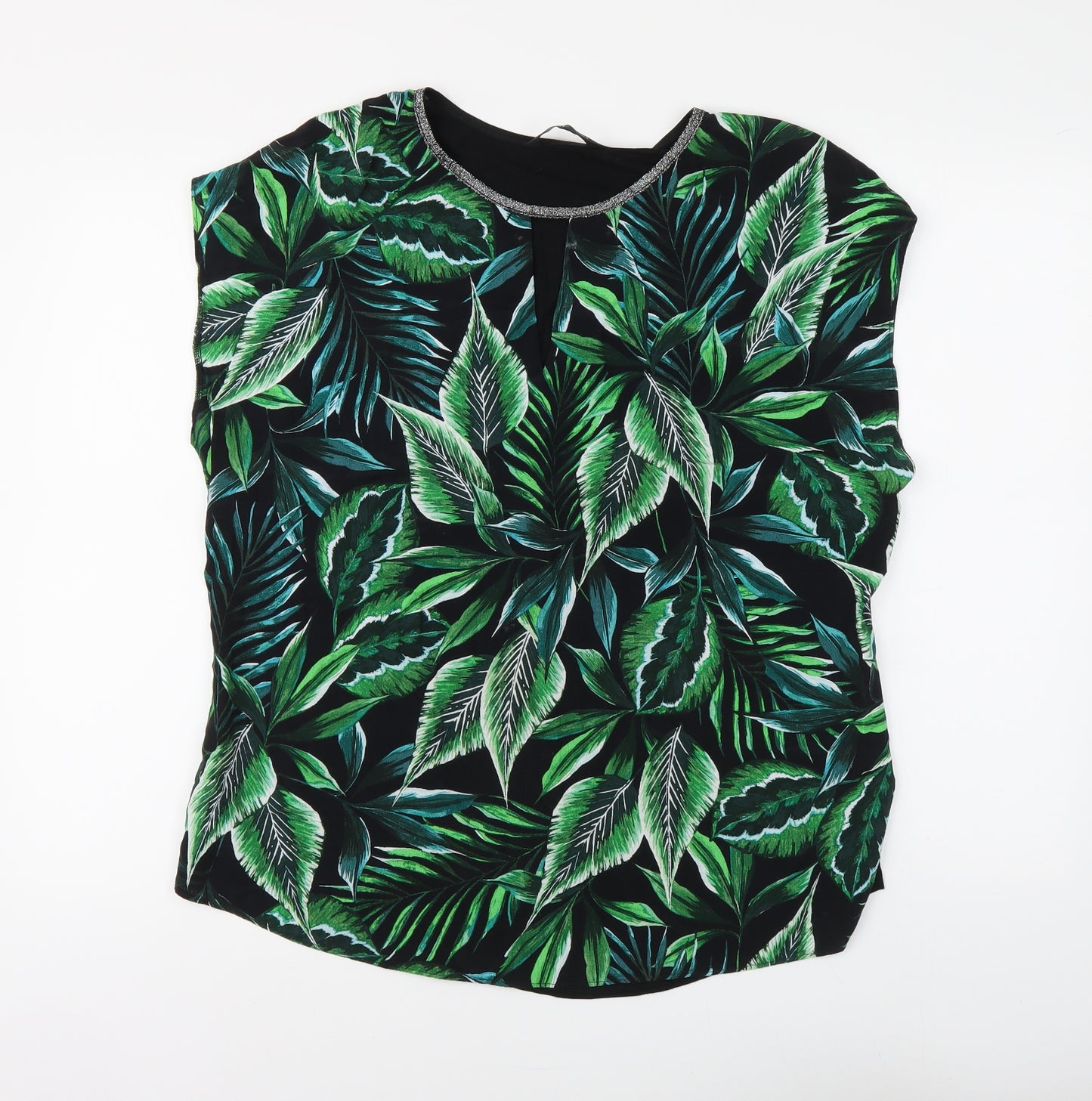 F&F Womens Black Floral Viscose Basic Blouse Size 14 Round Neck