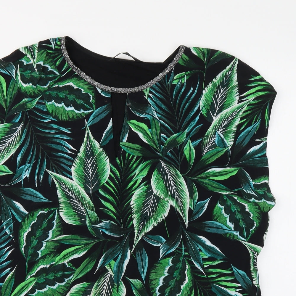 F&F Womens Black Floral Viscose Basic Blouse Size 14 Round Neck