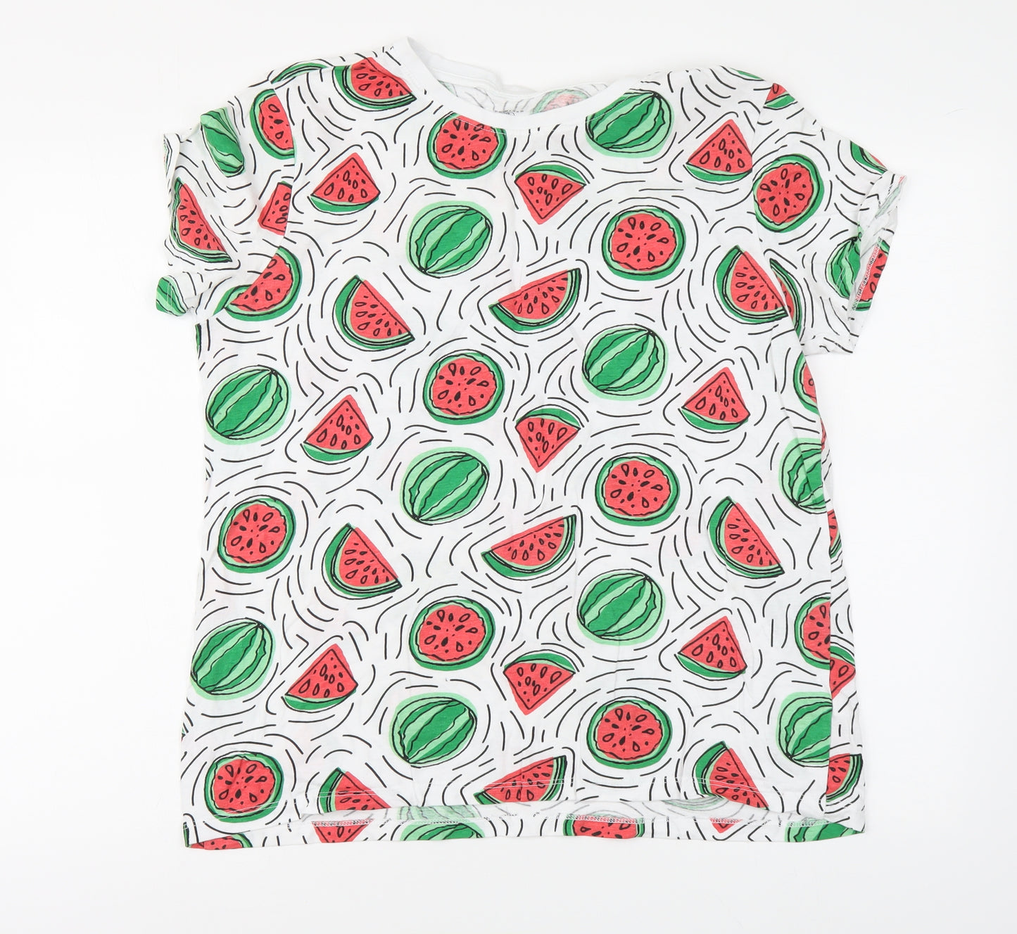 Primark Womens White Geometric Cotton Basic T-Shirt Size L Round Neck - Watermelon