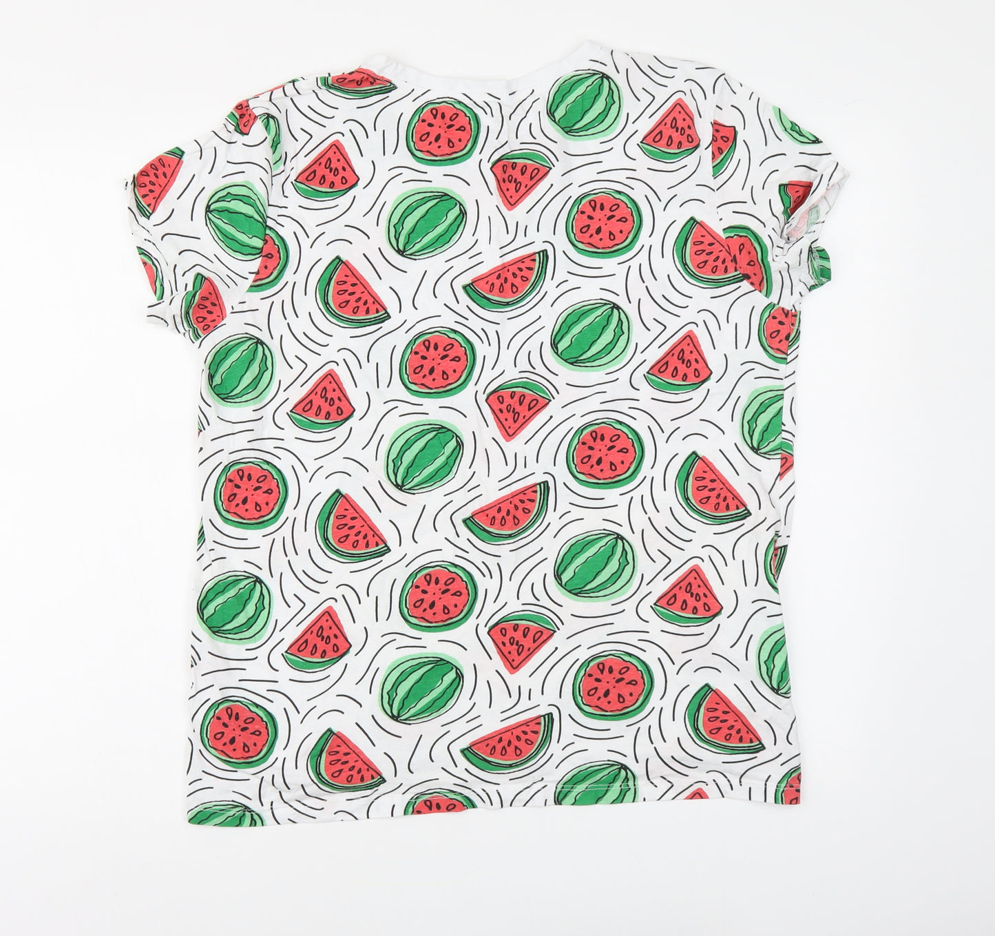 Primark Womens White Geometric Cotton Basic T-Shirt Size L Round Neck - Watermelon