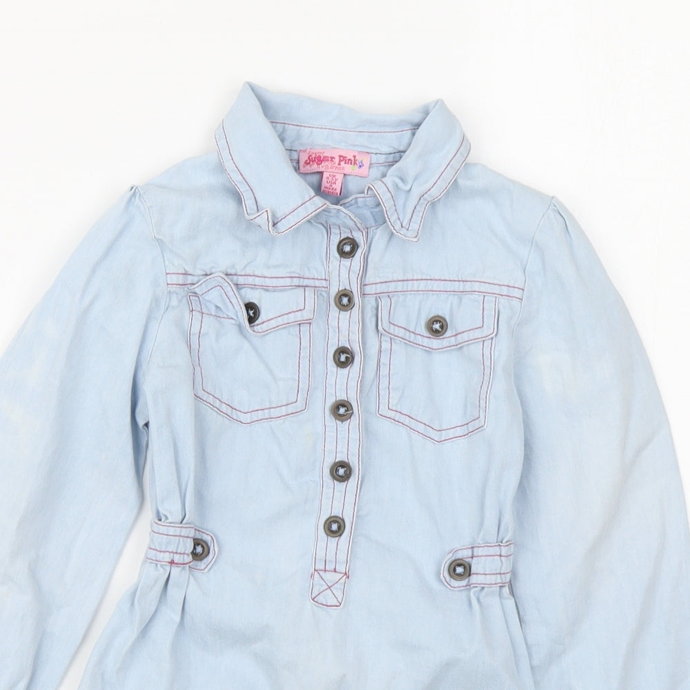 Sugar Pink Girls Blue Cotton Basic Button-Up Size 4-5 Years Collared Button