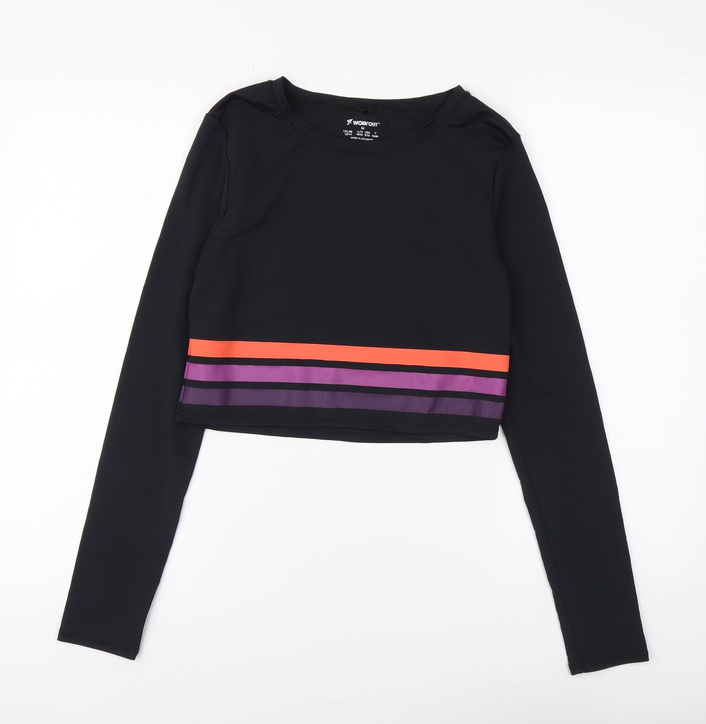 Work out Womens Black Striped Polyester Cropped T-Shirt Size M Round Neck Pullover