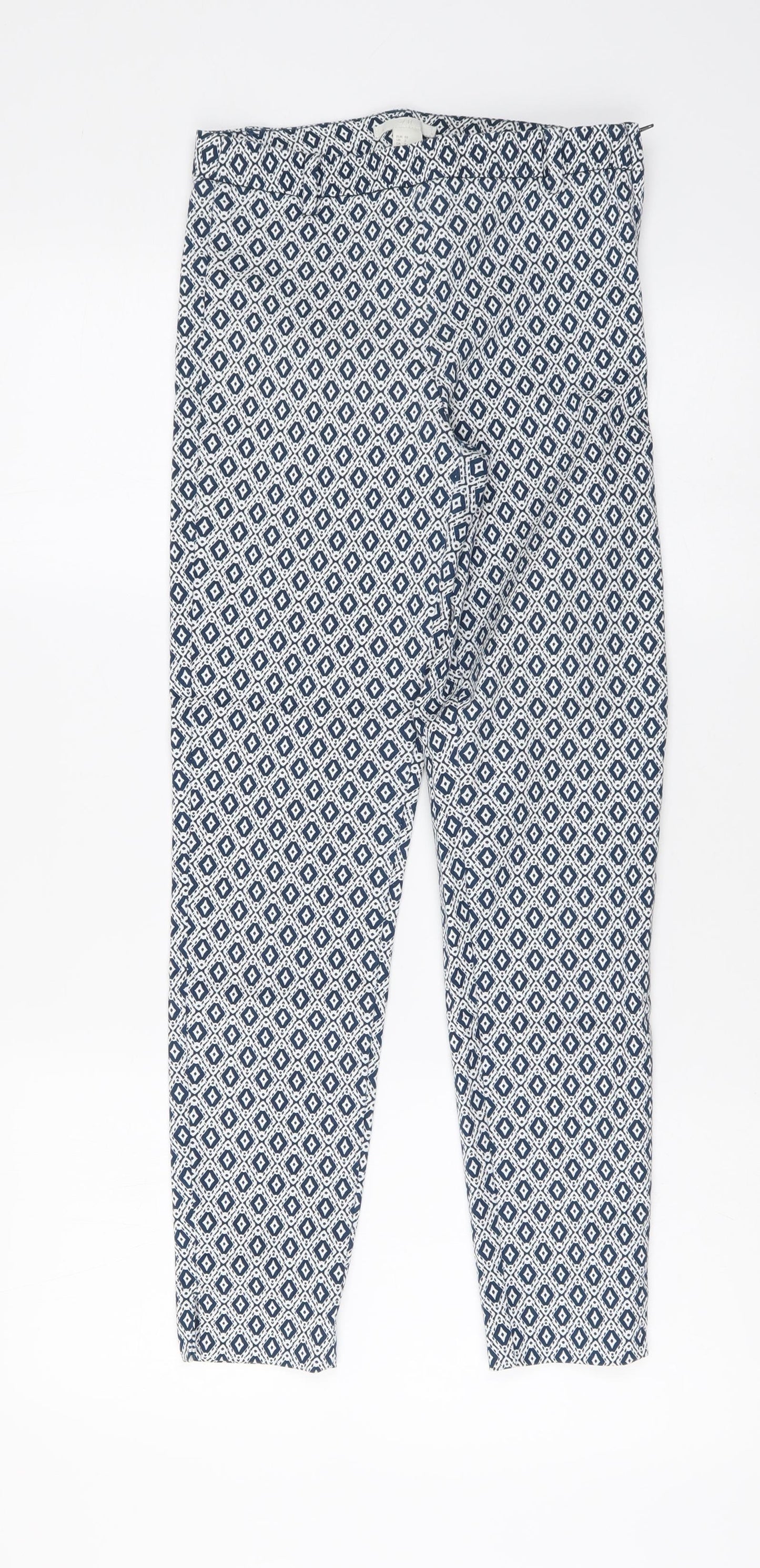 H&M Womens Blue Geometric Cotton Chino Trousers Size 32 L26 in Regular Button