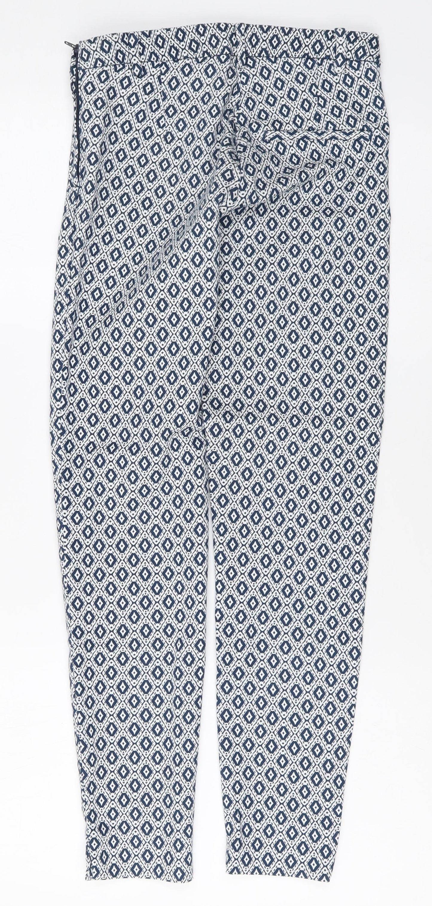 H&M Womens Blue Geometric Cotton Chino Trousers Size 32 L26 in Regular Button