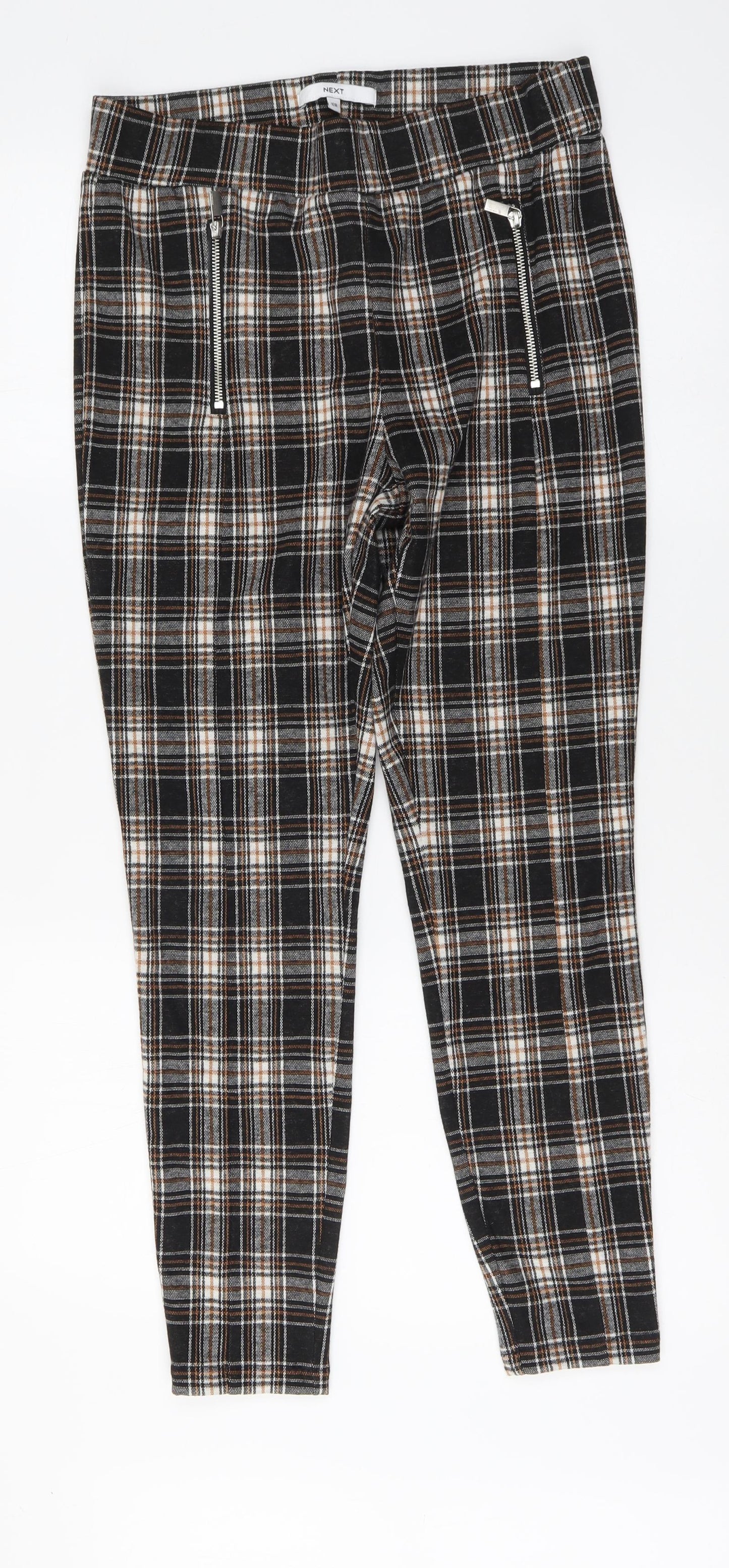 NEXT Womens Brown Plaid Polyester Chino Trousers Size 12 L27 in Regular Button