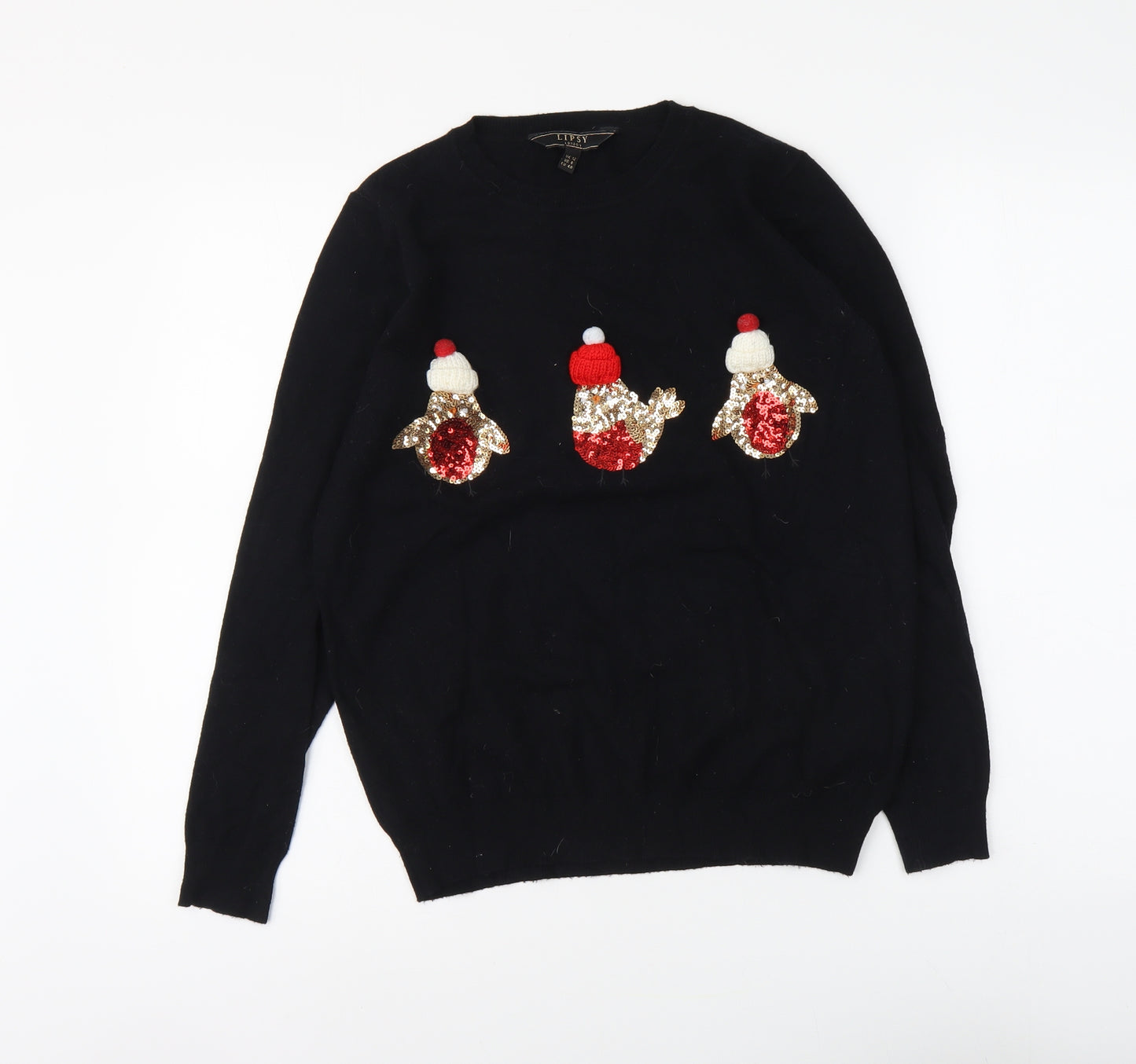 Lipys Womens Black Round Neck Viscose Pullover Jumper Size 12 - Christmas Robins