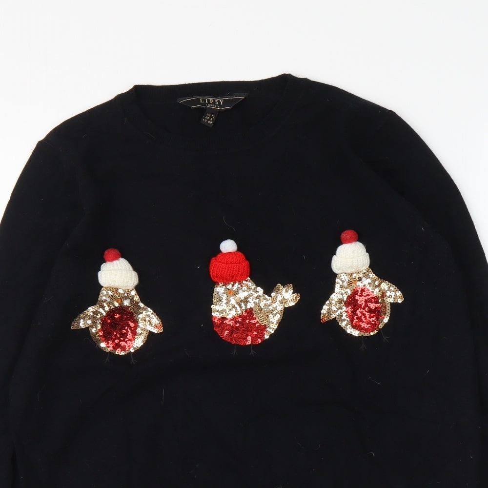 Lipys Womens Black Round Neck Viscose Pullover Jumper Size 12 - Christmas Robins