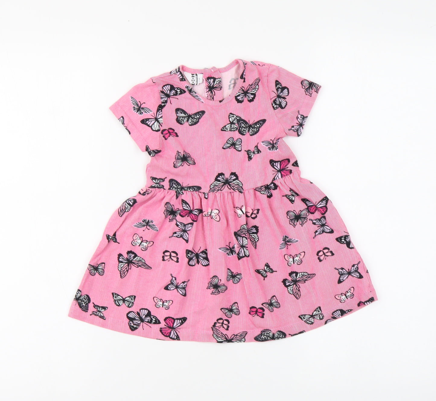 Preworn Girls Pink Striped Cotton Skater Dress Size 18 Months Round Neck Button - butterfly pattern