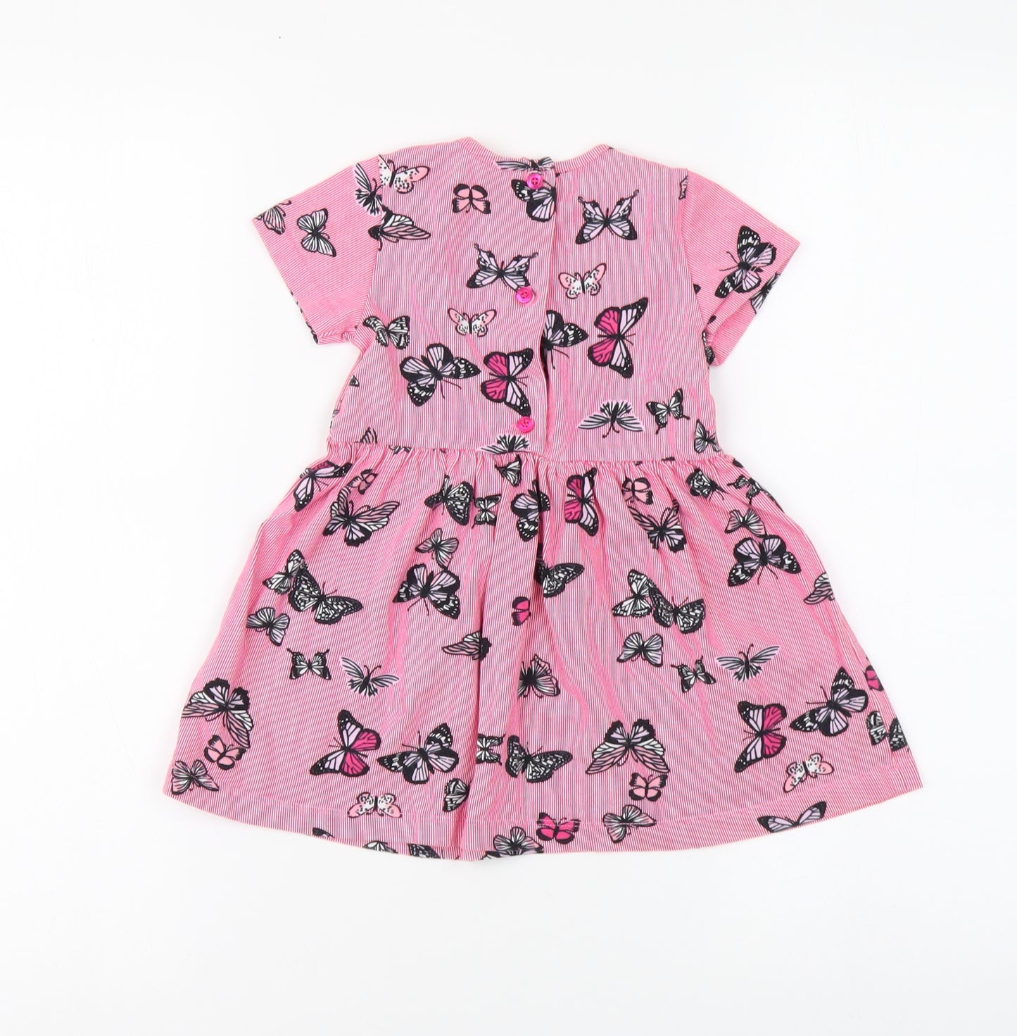 Preworn Girls Pink Striped Cotton Skater Dress Size 18 Months Round Neck Button - butterfly pattern