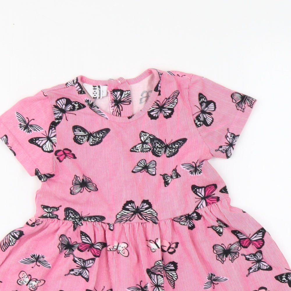 Preworn Girls Pink Striped Cotton Skater Dress Size 18 Months Round Neck Button - butterfly pattern