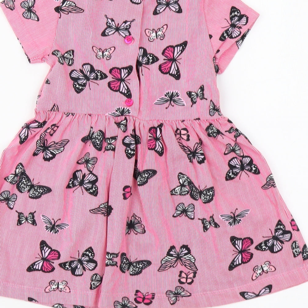 Preworn Girls Pink Striped Cotton Skater Dress Size 18 Months Round Neck Button - butterfly pattern