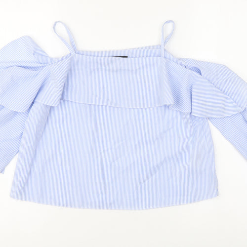 Topshop Womens Blue Striped Cotton Cropped Blouse Size 4 Square Neck