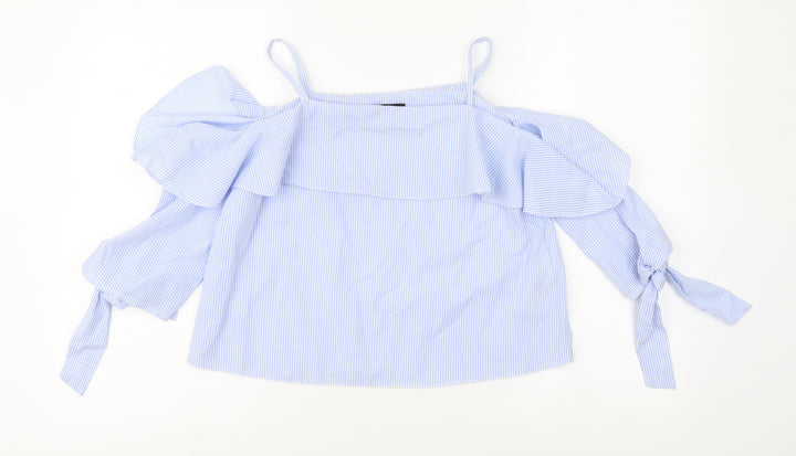 Topshop Womens Blue Striped Cotton Cropped Blouse Size 4 Square Neck