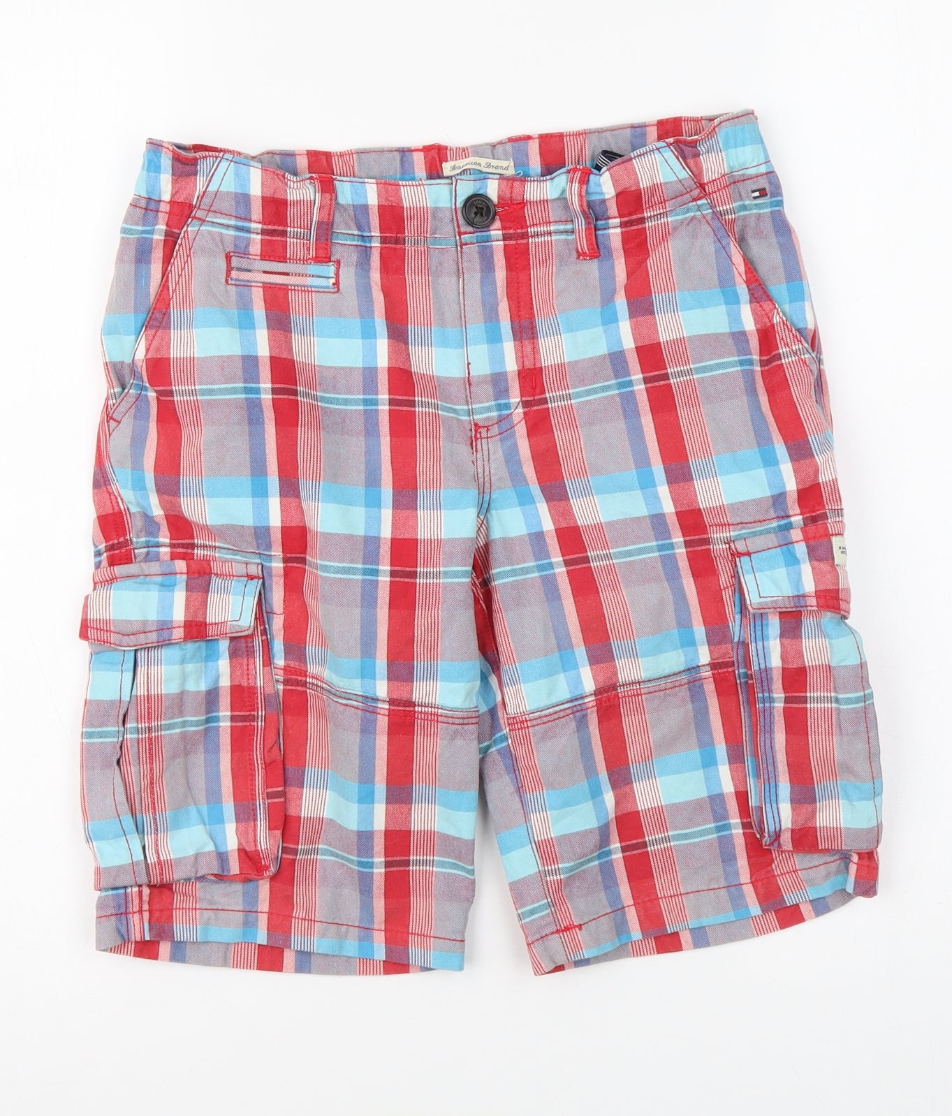 Tommy Hilfiger Boys Red Plaid Cotton Bermuda Shorts Size 12 Years Regular Drawstring