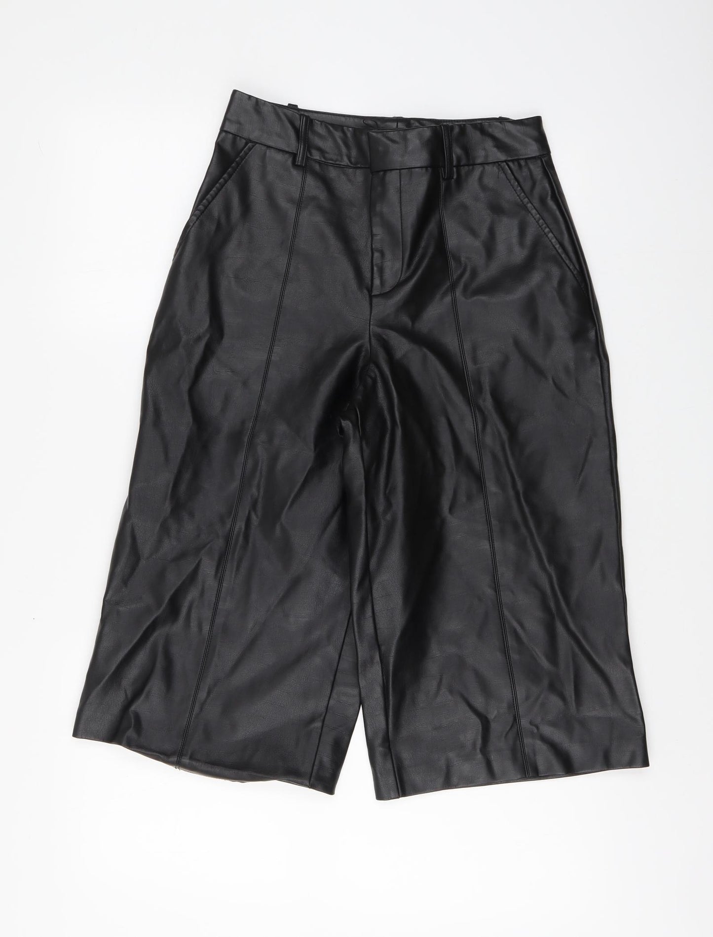 Zara Womens Black Polyester Cropped Trousers Size XS Regular Button