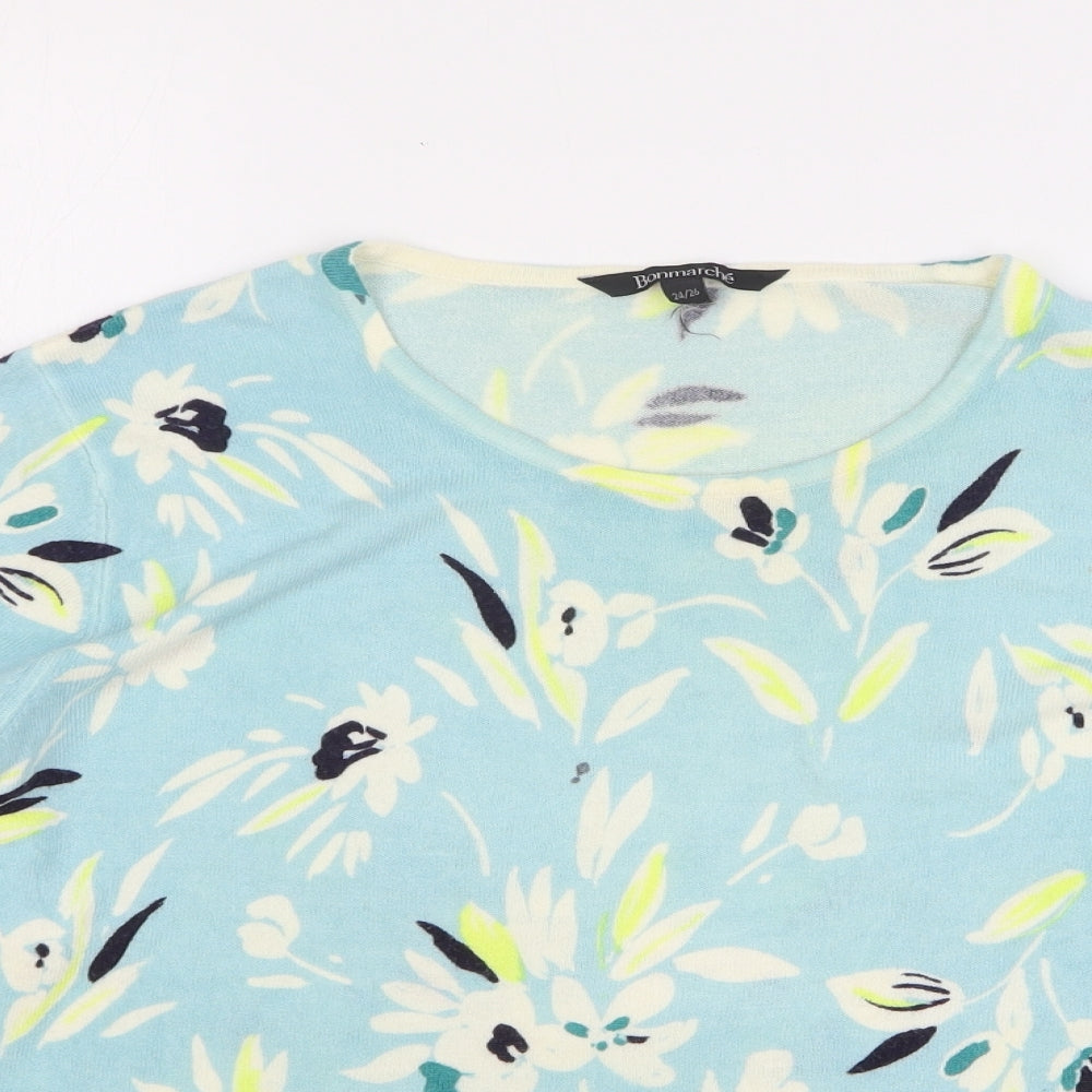 Bonmarché Womens Blue Round Neck Floral Acrylic Pullover Jumper Size 24