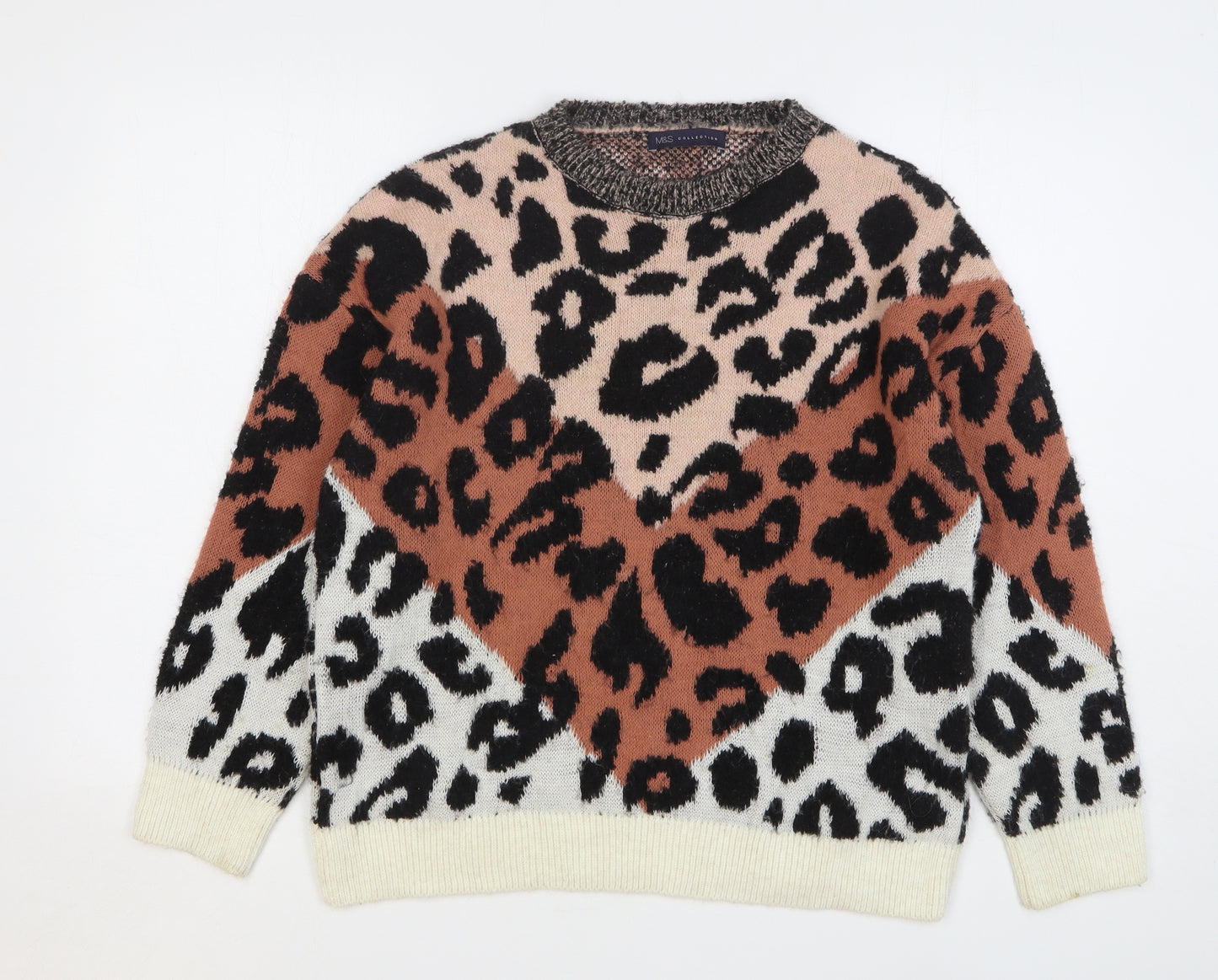 Marks and Spencer Womens Multicoloured Round Neck Animal Print Acrylic Pullover Jumper Size M - Leopard Print