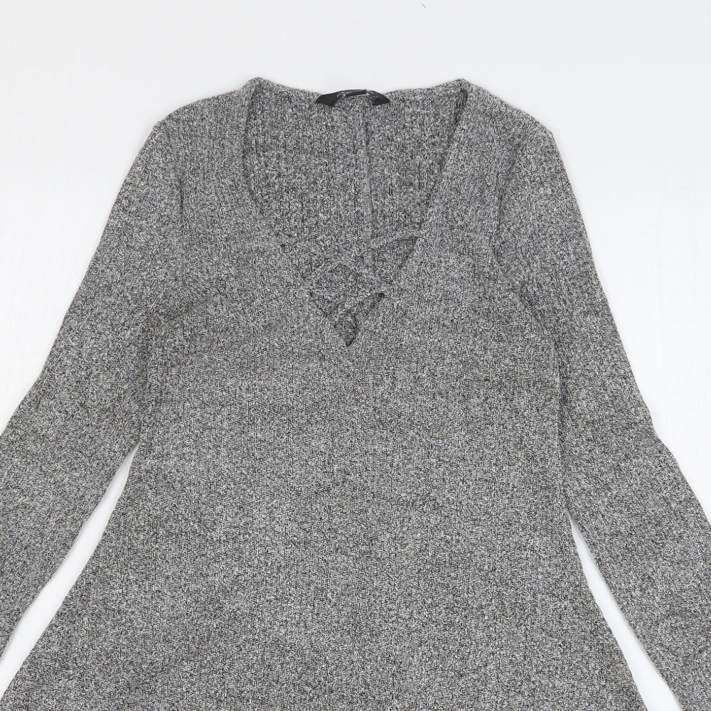 New Look Womens Grey Polyester Jumper Dress Size 6 V-Neck Pullover
