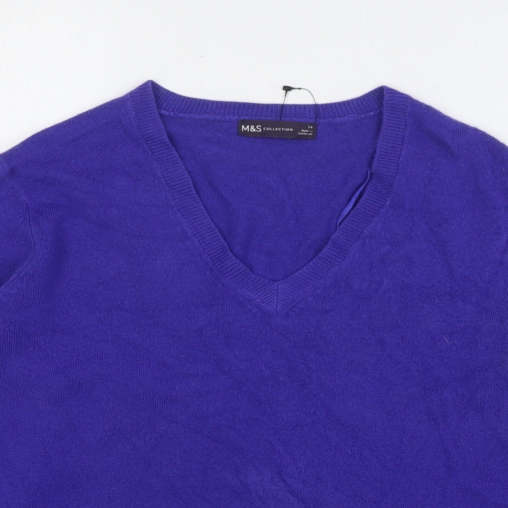 Marks and Spencer Womens Blue V-Neck Acrylic Pullover Jumper Size 14