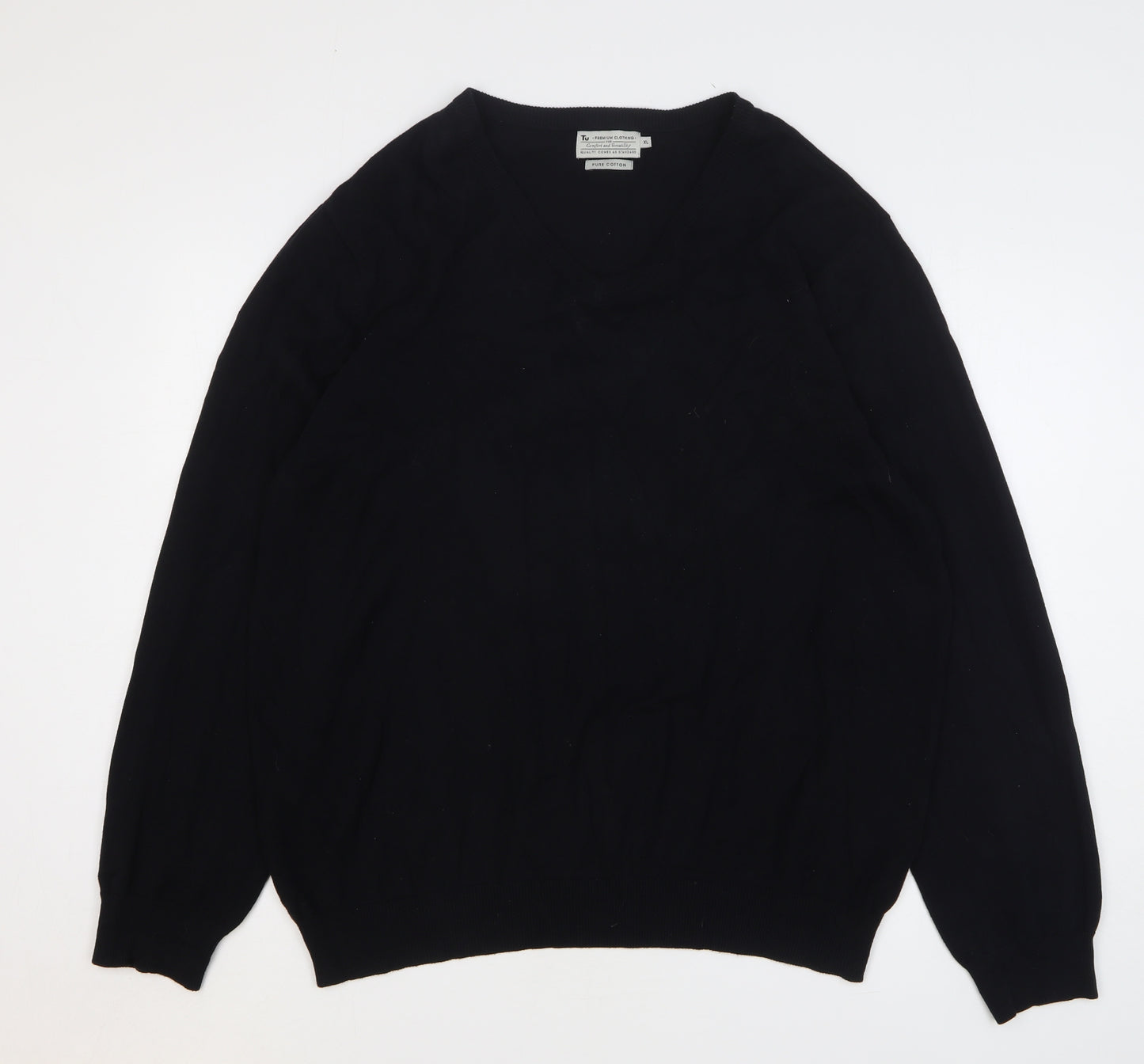 TU Mens Black V-Neck Cotton Pullover Jumper Size XL