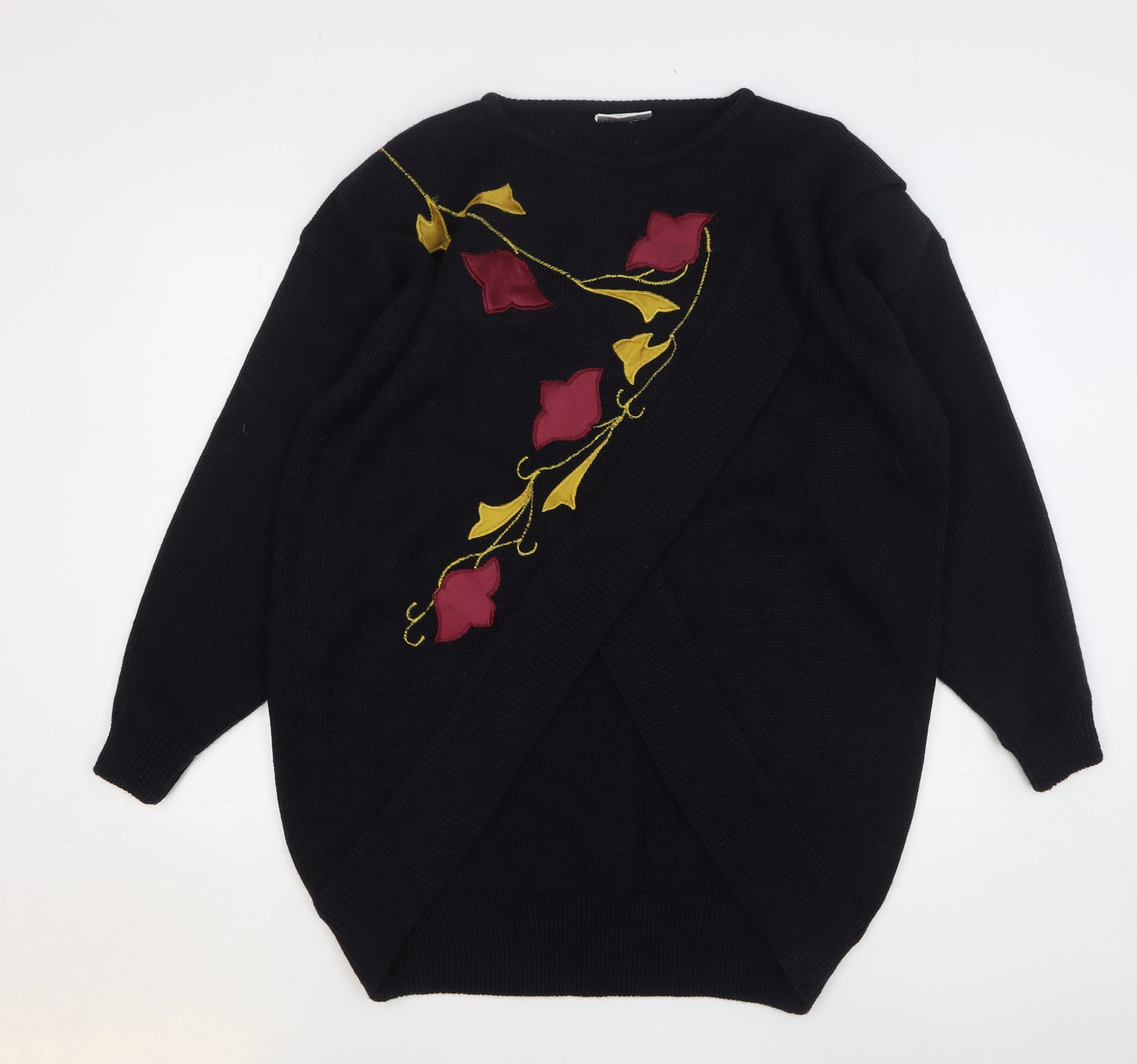 La Chern Womens Black Round Neck Floral Acrylic Pullover Jumper One Size