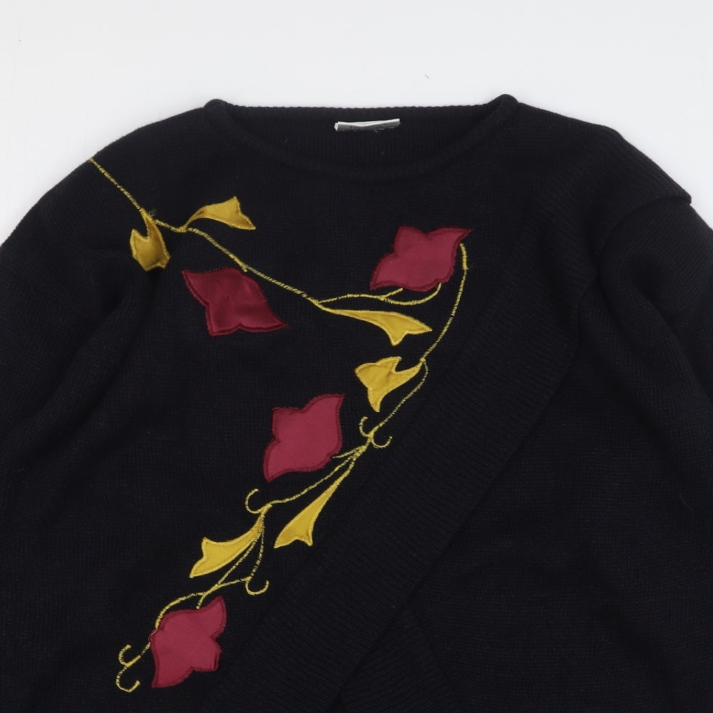 La Chern Womens Black Round Neck Floral Acrylic Pullover Jumper One Size