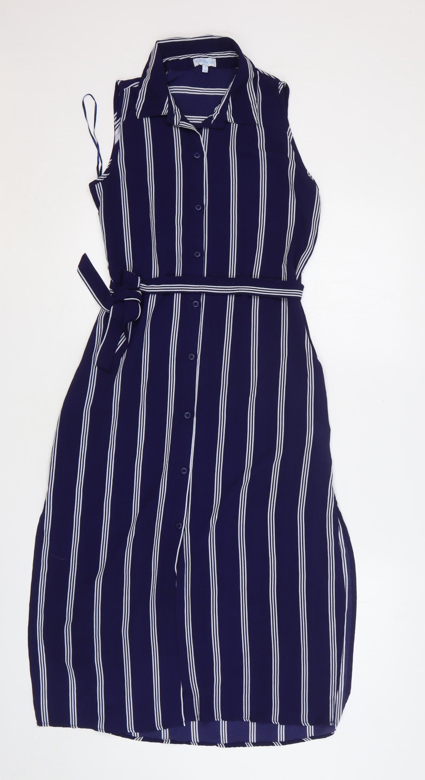 Blue Vanilla Womens Blue Striped Polyester Shirt Dress Size 8 Collared Button