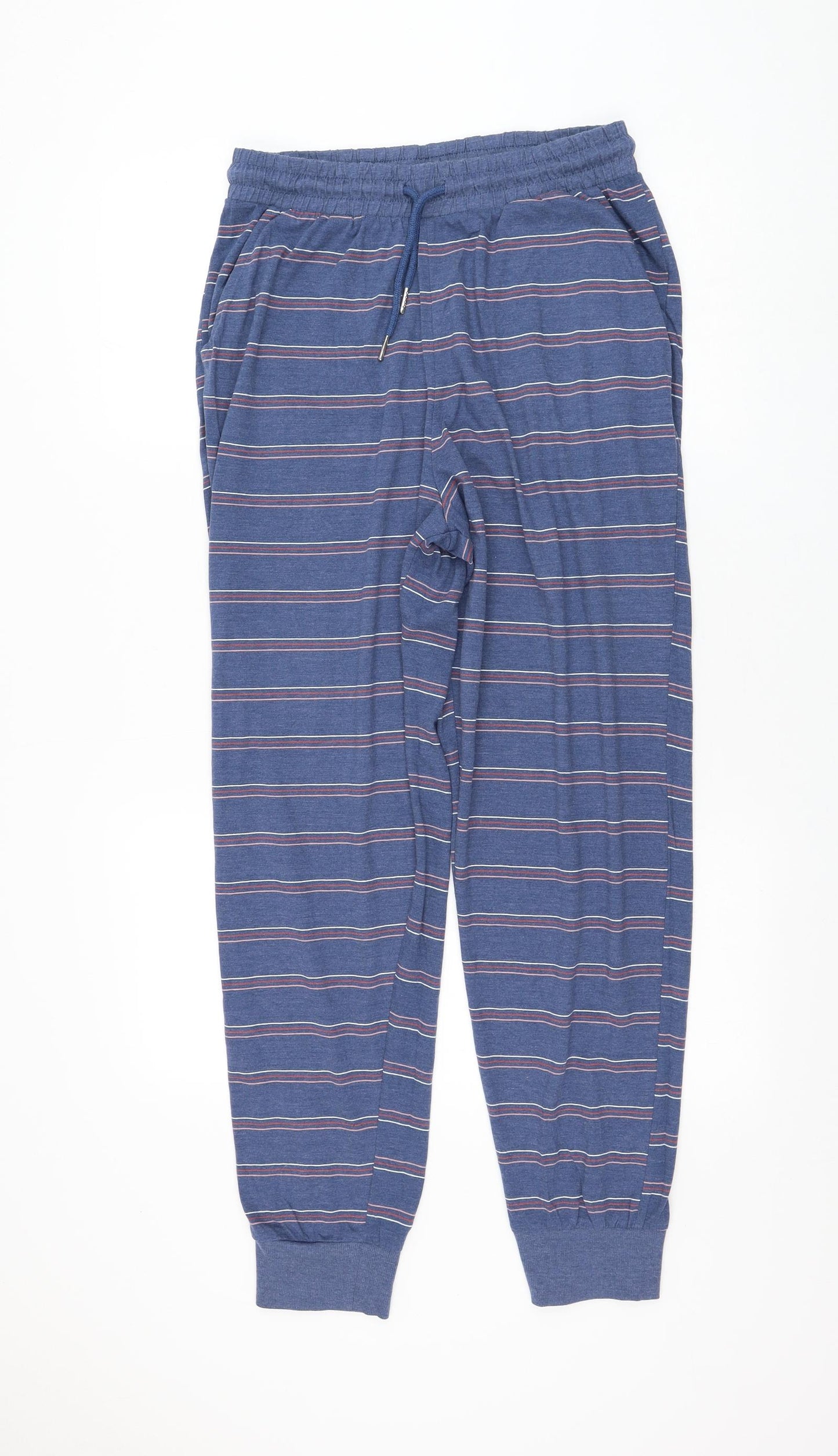 Dunnes Stores Mens Blue Striped Cotton Jogger Trousers Size M L30 in Regular Drawstring