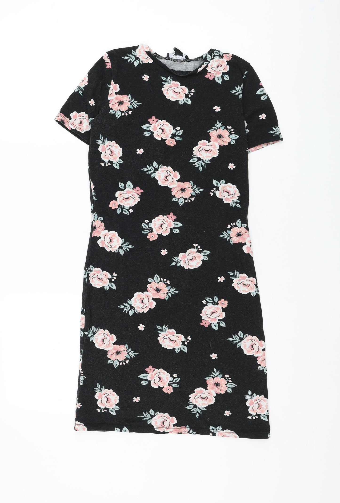 New Look Girls Black Floral Cotton T-Shirt Dress Size 12-13 Years Round Neck Pullover