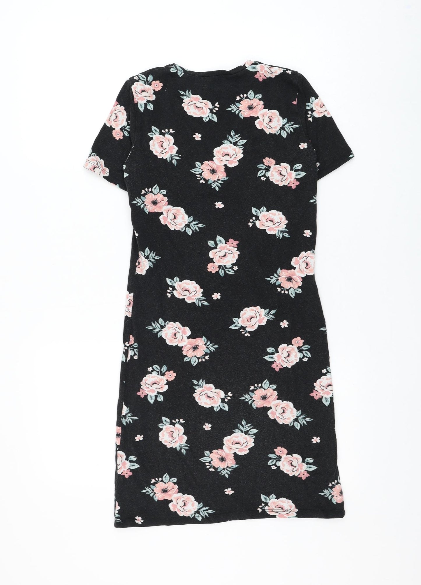 New Look Girls Black Floral Cotton T-Shirt Dress Size 12-13 Years Round Neck Pullover