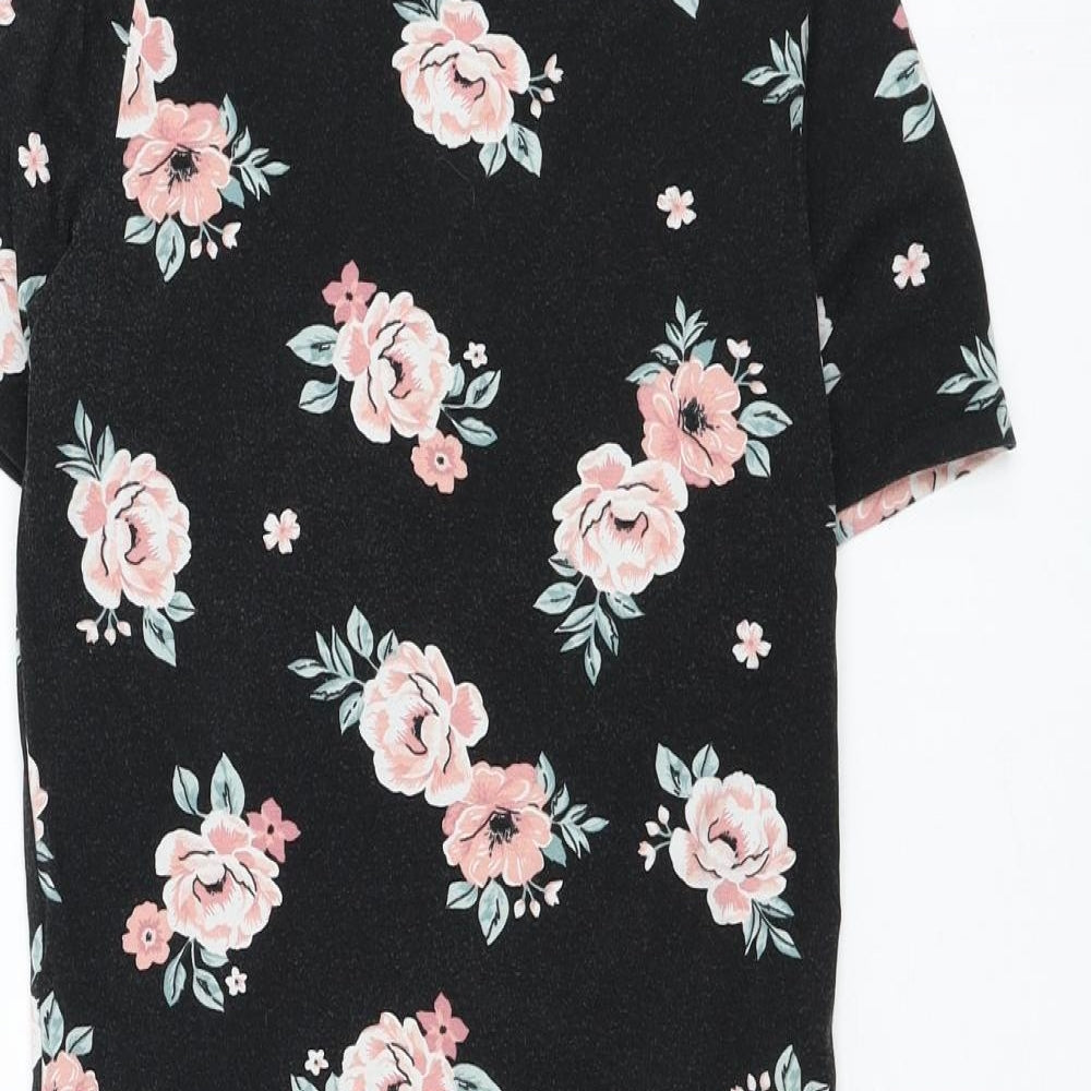 New Look Girls Black Floral Cotton T-Shirt Dress Size 12-13 Years Round Neck Pullover