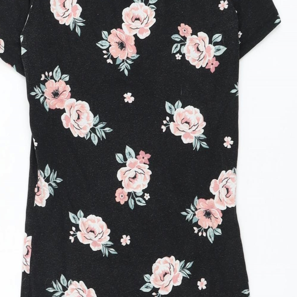 New Look Girls Black Floral Cotton T-Shirt Dress Size 12-13 Years Round Neck Pullover
