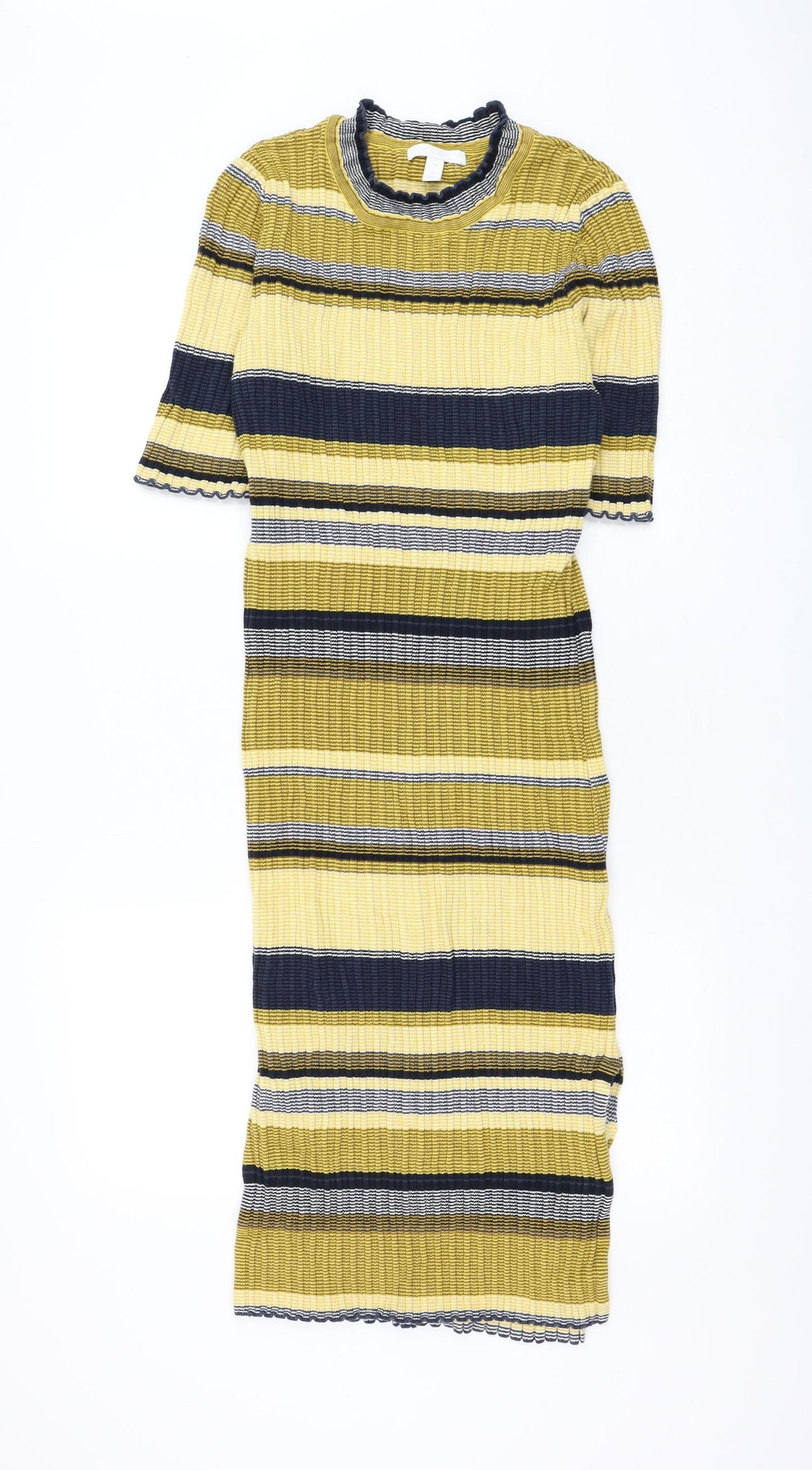 H&M Womens Yellow Striped Cotton Jumper Dress Size L Round Neck Pullover