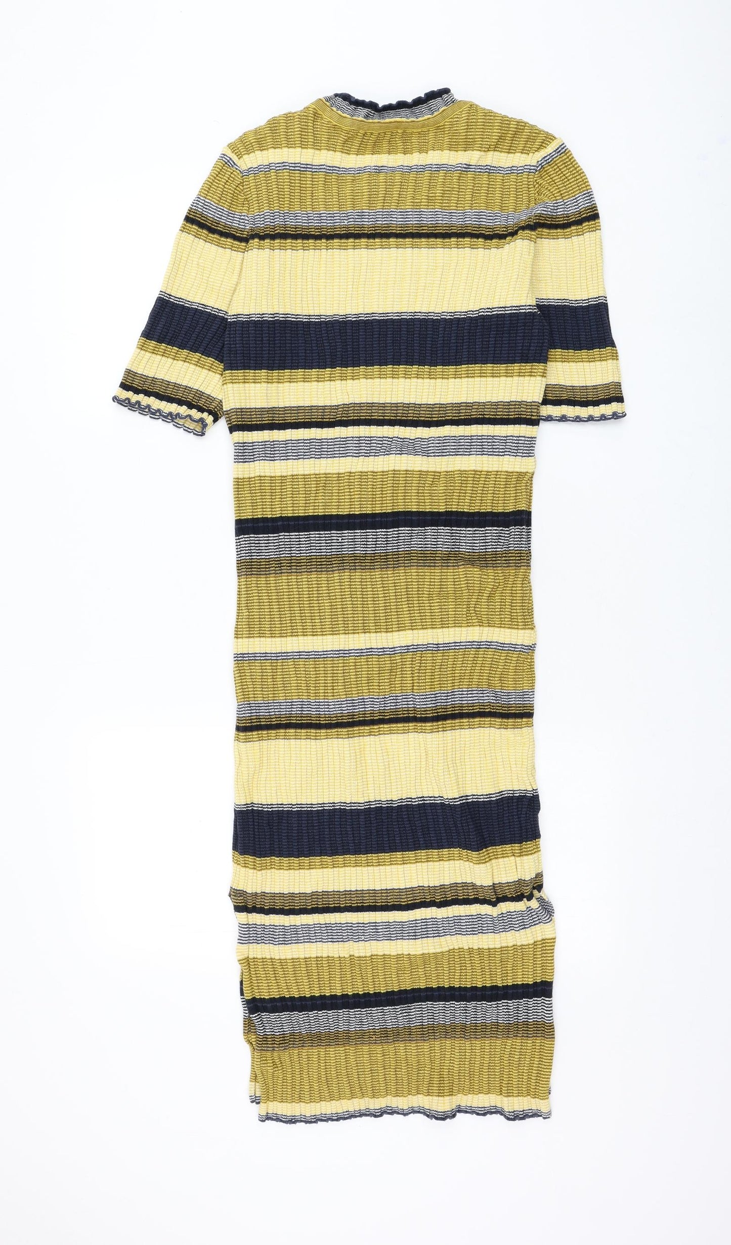 H&M Womens Yellow Striped Cotton Jumper Dress Size L Round Neck Pullover
