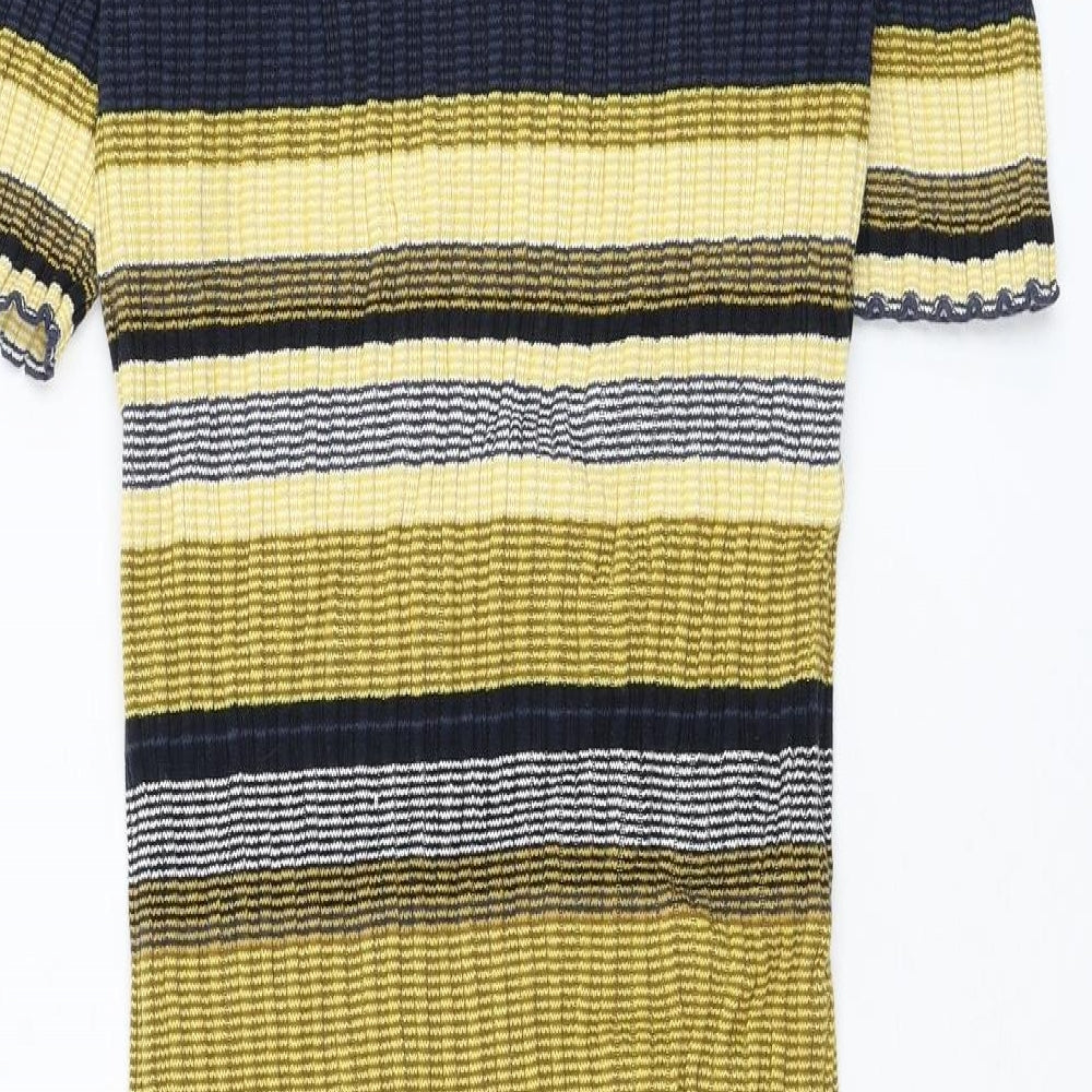 H&M Womens Yellow Striped Cotton Jumper Dress Size L Round Neck Pullover