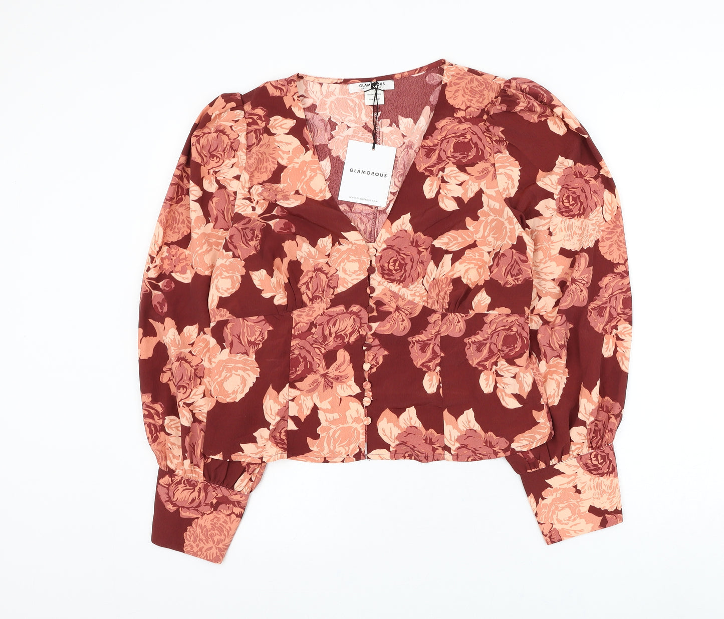 Glamorous Womens Red Floral Polyester Basic Blouse Size 14 V-Neck