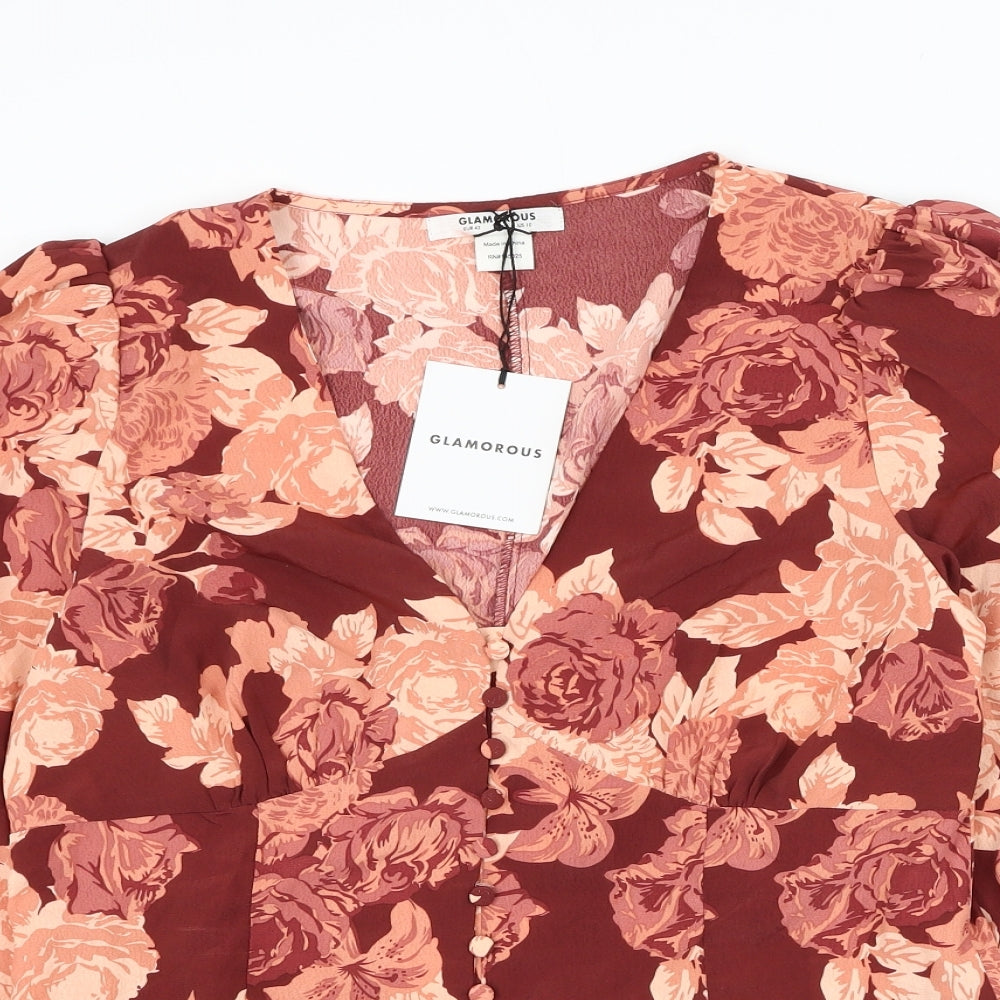 Glamorous Womens Red Floral Polyester Basic Blouse Size 14 V-Neck