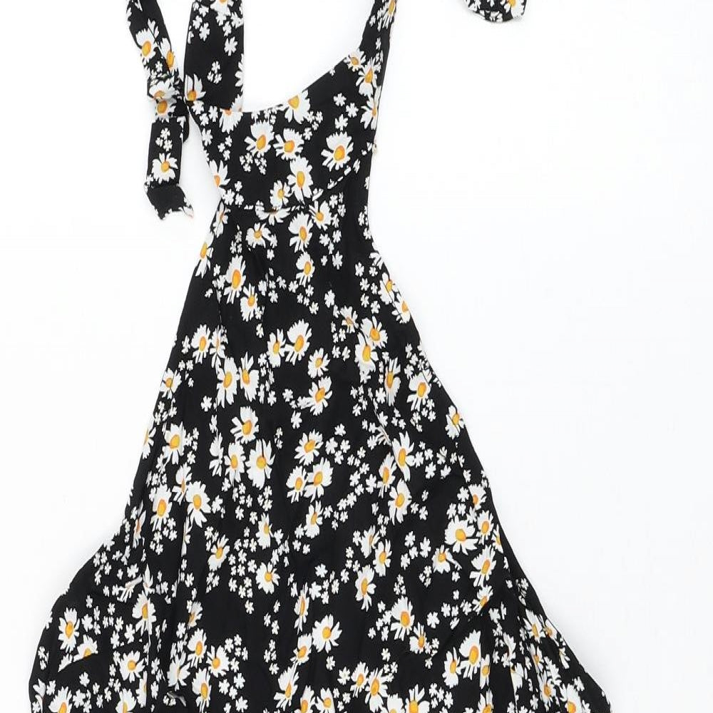 ASOS Womens Black Floral Viscose Shift Size 14 Halter Tie