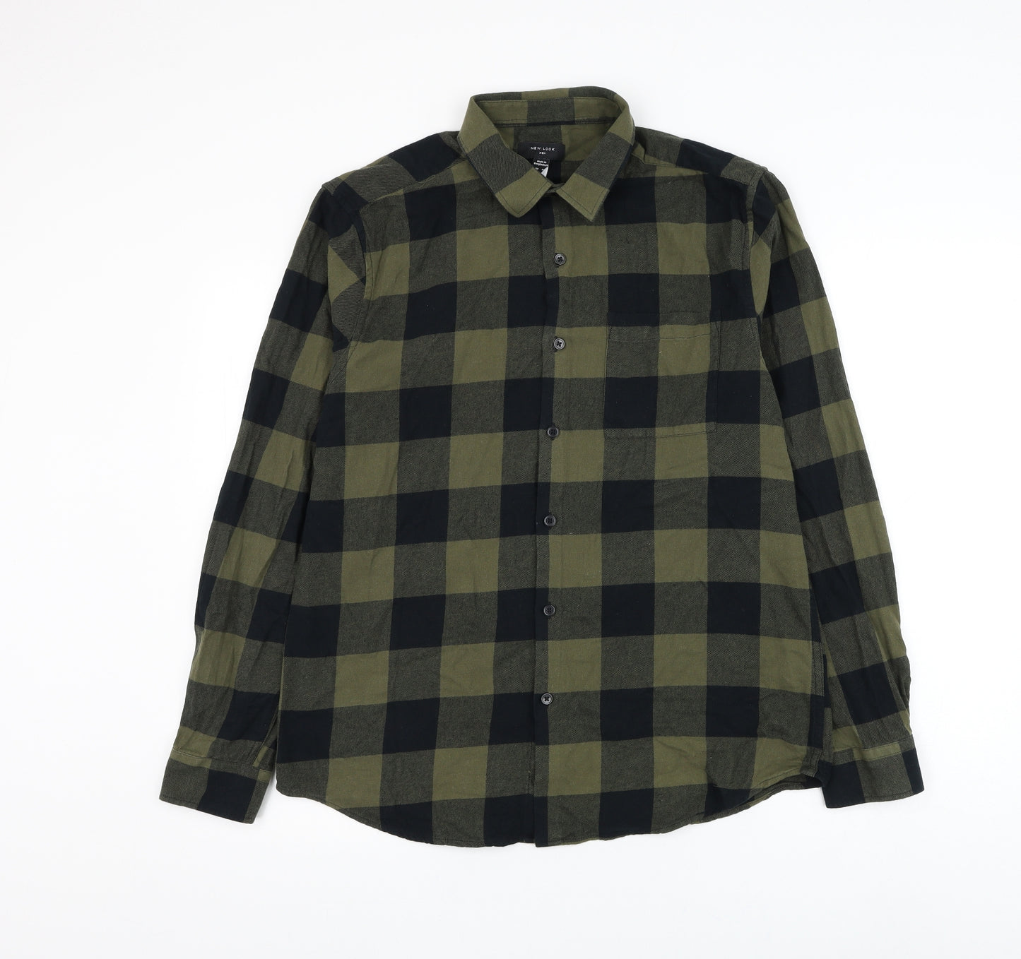 New Look Mens Green Check Cotton Button-Up Size M Collared Button