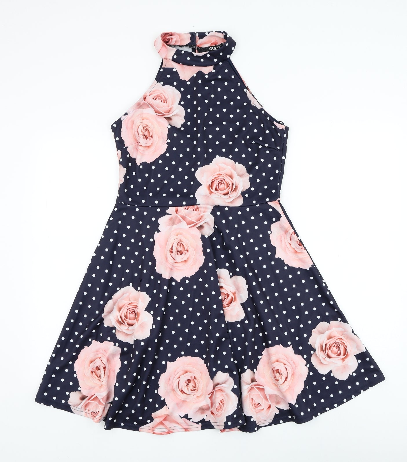 Quiz Womens Blue Floral Polyester Skater Dress Size 14 Mock Neck Button