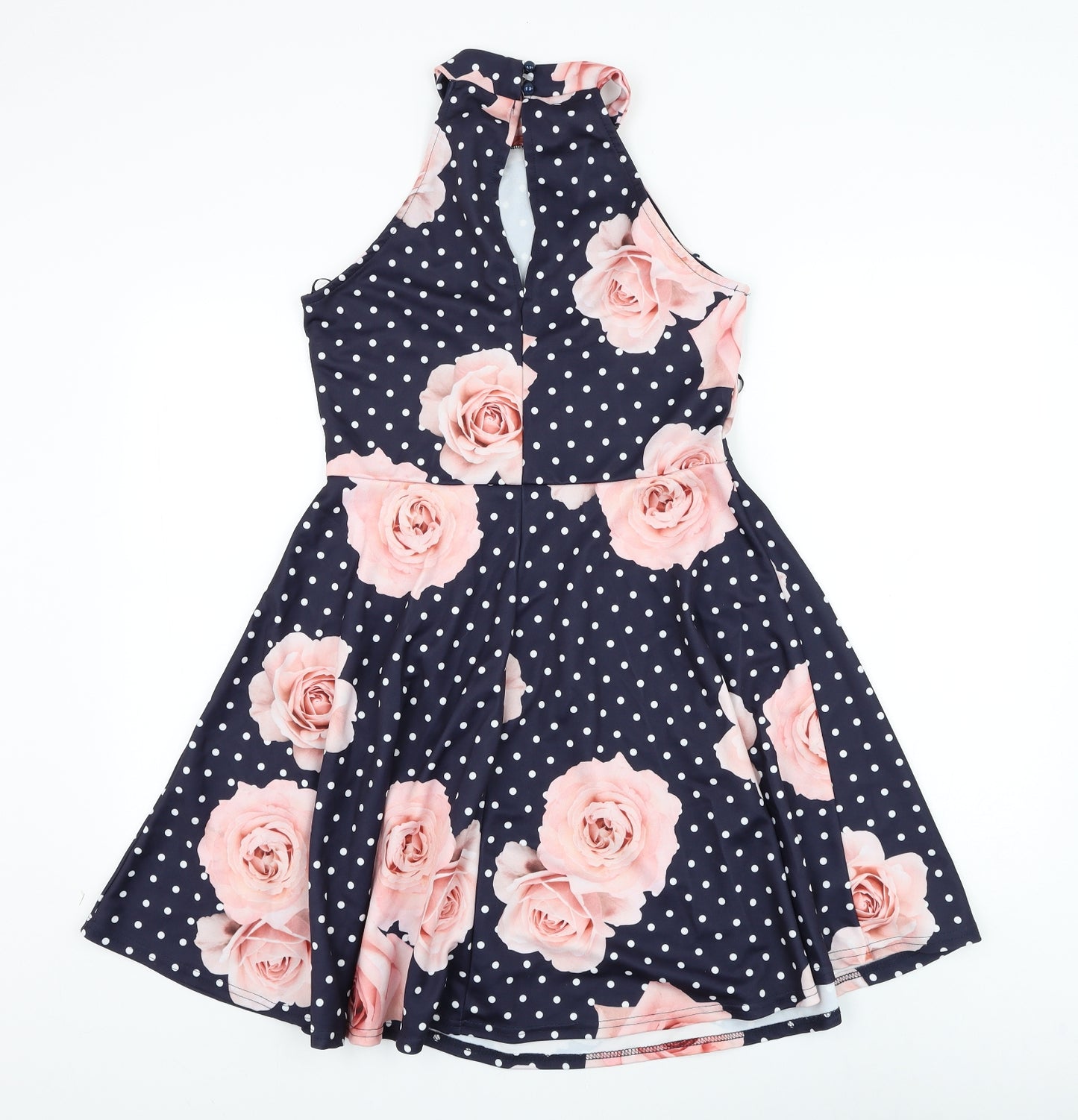 Quiz Womens Blue Floral Polyester Skater Dress Size 14 Mock Neck Button