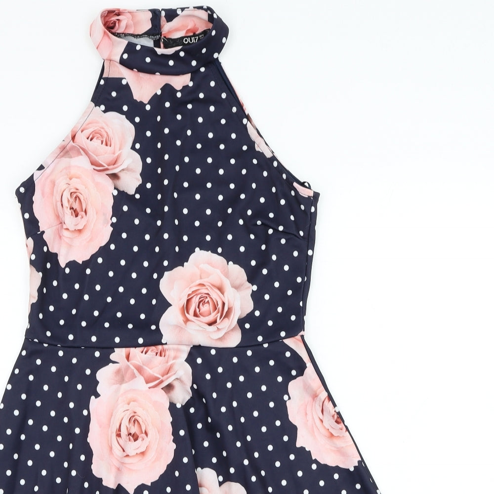 Quiz Womens Blue Floral Polyester Skater Dress Size 14 Mock Neck Button