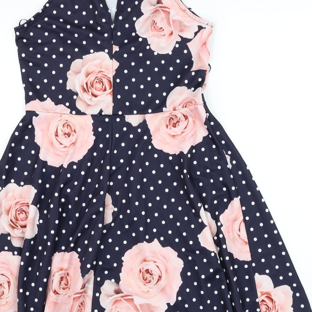 Quiz Womens Blue Floral Polyester Skater Dress Size 14 Mock Neck Button