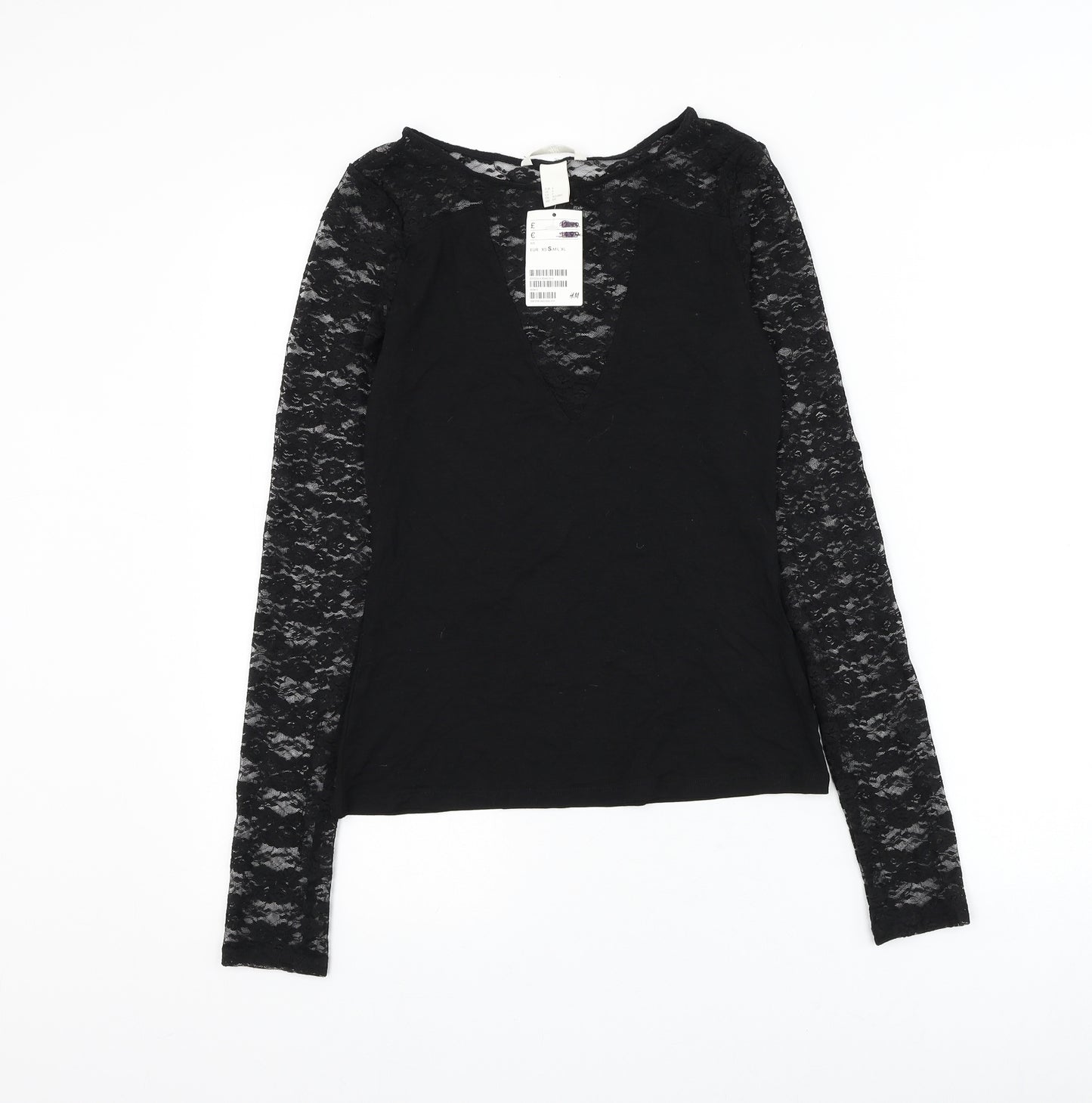H&M Womens Black Viscose Basic Blouse Size S Round Neck - Lace Neckline & Sleeve