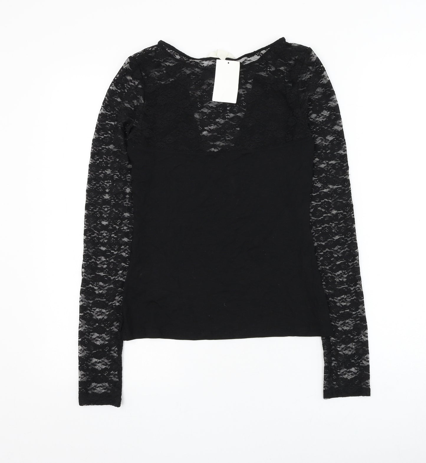H&M Womens Black Viscose Basic Blouse Size S Round Neck - Lace Neckline & Sleeve