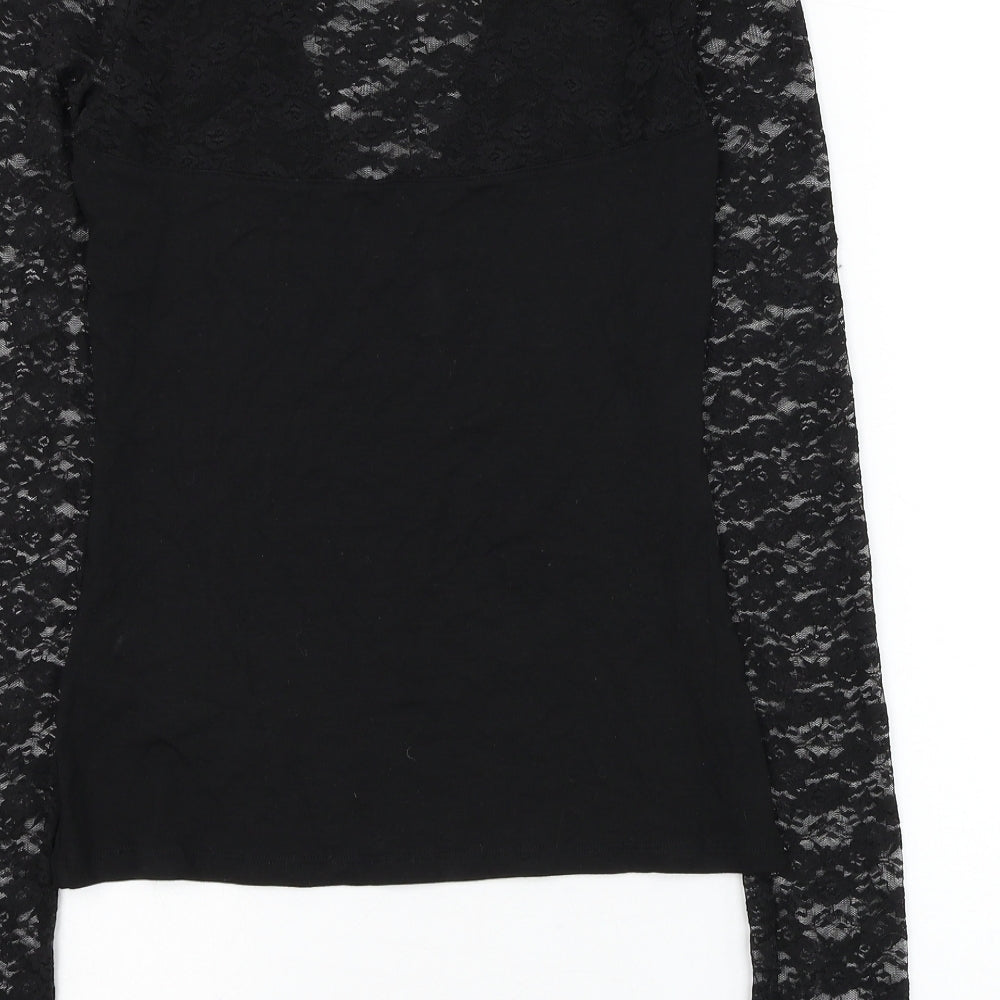 H&M Womens Black Viscose Basic Blouse Size S Round Neck - Lace Neckline & Sleeve