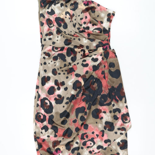London Times Womens Brown Animal Print Polyester Mini Size 8 One Shoulder Zip - Leopard Print