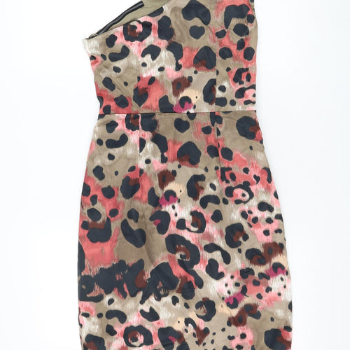 London Times Womens Brown Animal Print Polyester Mini Size 8 One Shoulder Zip - Leopard Print