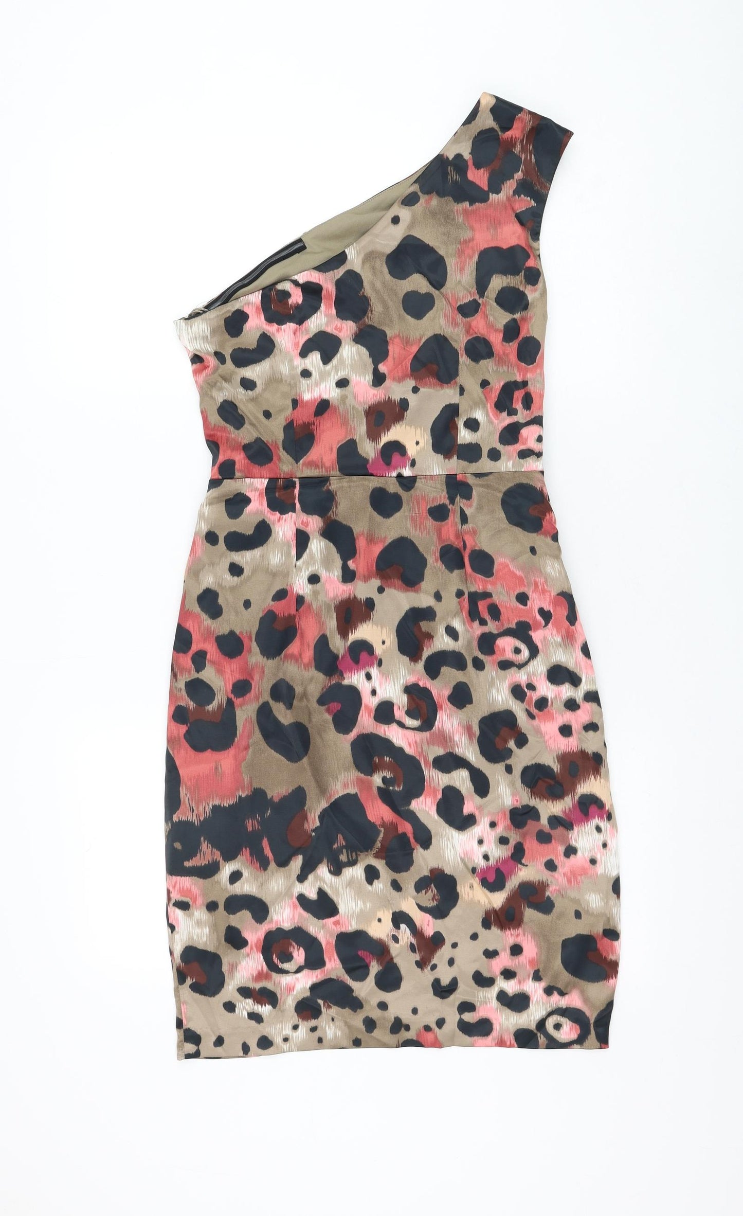 London Times Womens Brown Animal Print Polyester Mini Size 8 One Shoulder Zip - Leopard Print